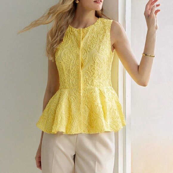 Tops - Yellow Elegant Women's Button Front Peplum Sleeveless Blouse